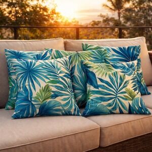 Set of 4 Tropical Outdoor Pillow Covers Blue Green Palm Print 18x18